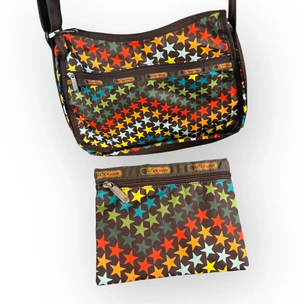 VTG‎ LeSportsac Hobo Bag Rainbow Star Print with Matching Pouch – Rare 2000s